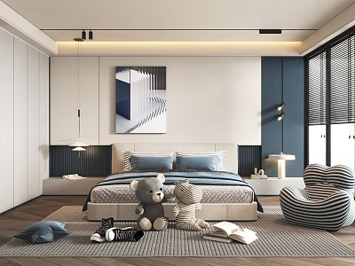 Playful Kids Room Interior Design With Plush Toys Bed Wall Art And Cozy Chair 3d model