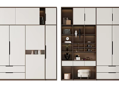 Modern Wardrobe Design With White Sliding Doors Wooden Drawers And Open Shelves 3d model