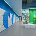 Modern Photo Check in Spot With White Partition Geometric Patterns Neon Logo And Tennis Elements