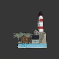 Cartoon Scene With Lighthouse Small Houses Palm Tree Rocks And Water Area