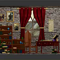 Cozy Study Room Interior With Brick Walls Red Curtains Bookshelf And Desk