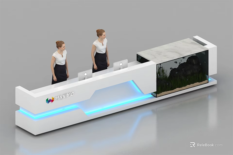 Modern Reception Desk With Marble Counter Blue LED Lights And WAVETE Logo 3d model 