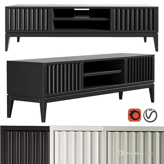 Modern Black White Storage Cabinet With Vertical Slat Doors And Open Shelf 3d model 