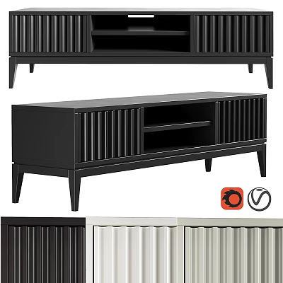 Modern Black White Storage Cabinet With Vertical Slat Doors And Open Shelf 3d model