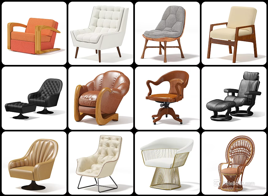 Stylish Single Seater Sofa Designs With Various Materials Styles And Wooden Leg Details 3d model 