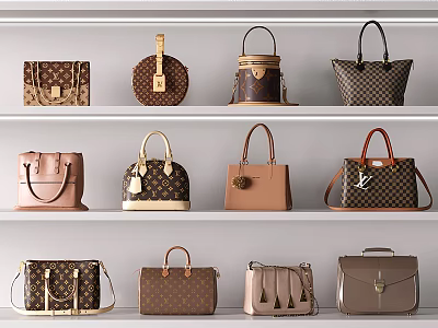Elegant Leather Handbags With Various Styles Colors And Patterns On Shelves 3d model