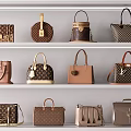 Elegant Leather Handbags With Various Styles Colors And Patterns On Shelves