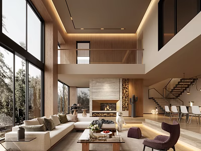 Modern Duplex Living Room With High Ceiling Large Windows And Fireplace 3d model