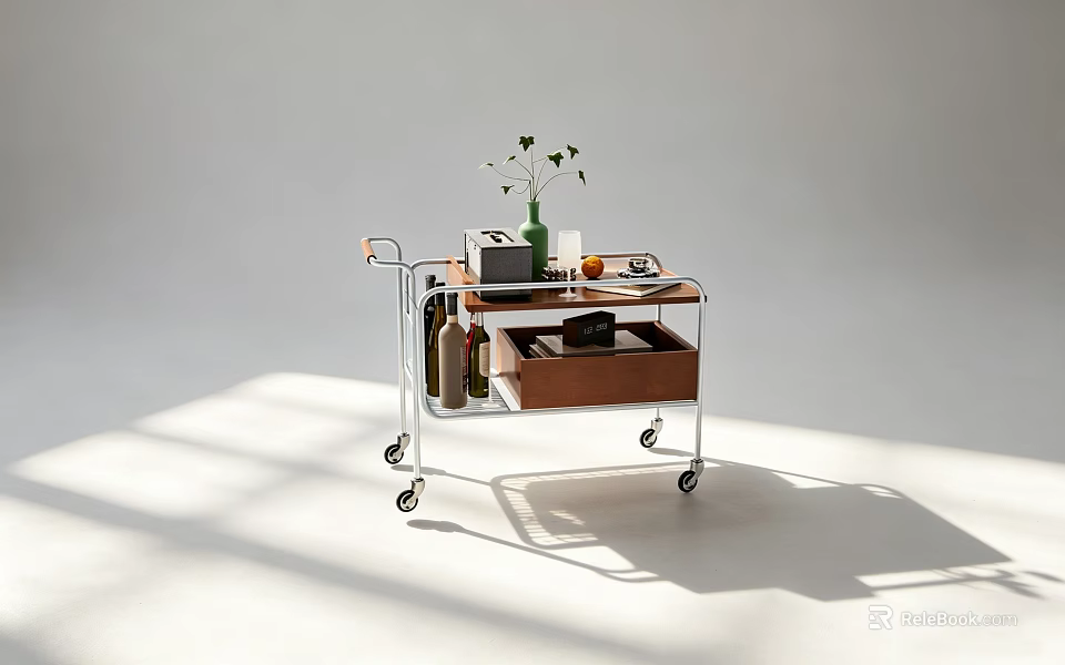 Modern Minimalist Storage Cart With Metal Frame Wooden Shelves Wheels And Decorative Items 3d model 