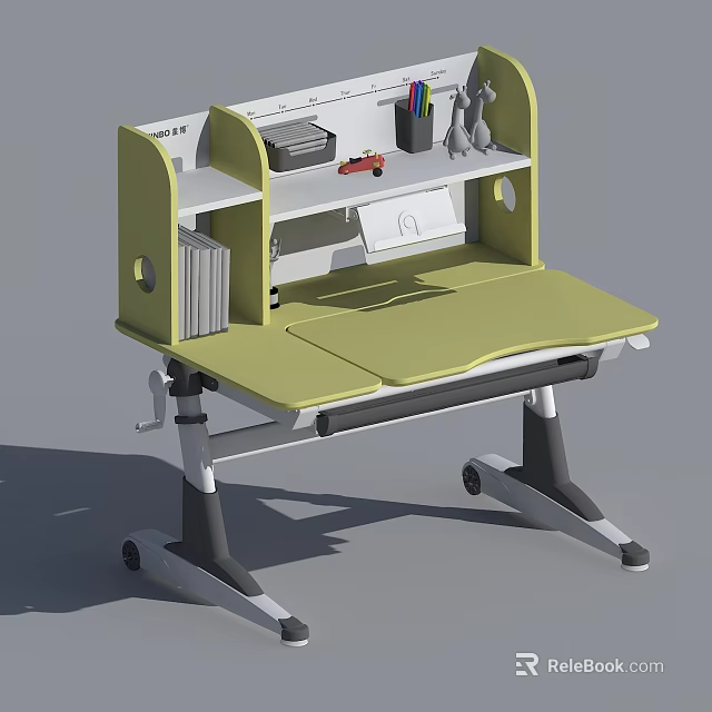 Kids Study Desk with Green Tabletop Shelves Stationery Small Toy Car Adjustable Wheels for Mobility 3d model 