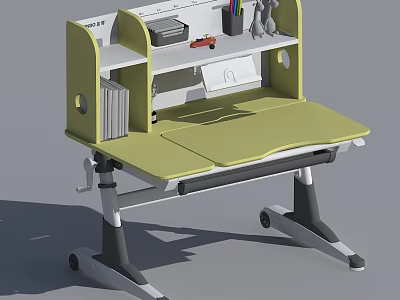 Kids Study Desk with Green Tabletop Shelves Stationery Small Toy Car Adjustable Wheels for Mobility 3d model