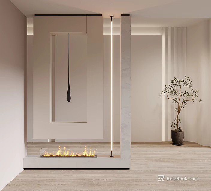 Elegant Modern Interior Design With Decorative Partition Lighting And Olive Plant 3d model