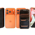 Apple Mobile Phones In Orange With Cases Screen Display And Time Design