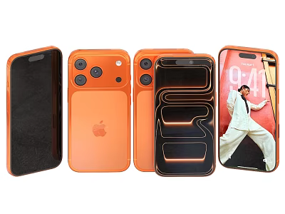 Apple Mobile Phones In Orange With Cases Screen Display And Time Design 3d model