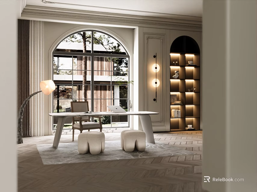 Modern Study Room Interior With White Table Arched Window Floor Lamp Bookshelf And Round Stools 3d model 