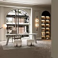 Modern Study Room Interior With White Table Arched Window Floor Lamp Bookshelf And Round Stools