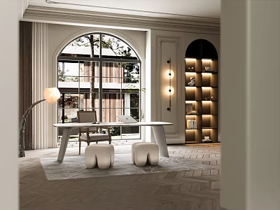 Modern Study Room Interior With White Table Arched Window Floor Lamp Bookshelf And Round Stools 3d model