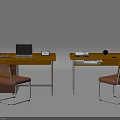 Home Office Setup with Brown Desks Chairs Laptop Books Clock and Decor Items