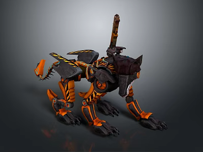 Detailed Orange Black Mechanical Wolf With Sword On Back And Mechanical Legs 3d model