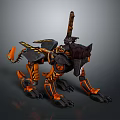 Detailed Orange Black Mechanical Wolf With Sword On Back And Mechanical Legs