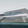 Modern Waterfront Building Exterior Design With White Geometric Structure And Large Glass Windows On Water