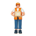 Game Movie Character Holding Cardboard Box In Orange Vest Cap Blue Pants Black Shoes