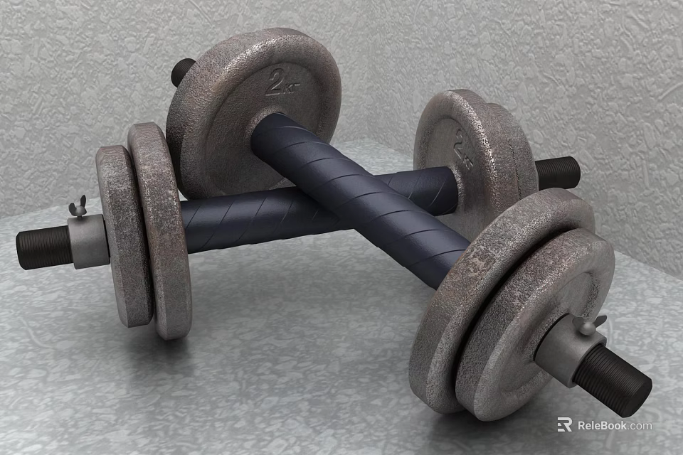 Two Crossed Metal Dumbbells With Weight Plates And Rubber Handles For Home Gym Fitness Equipment 3d model 