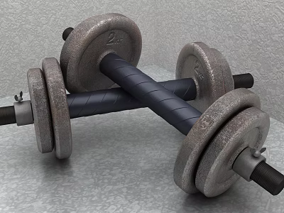 Two Crossed Metal Dumbbells With Weight Plates And Rubber Handles For Home Gym Fitness Equipment 3d model