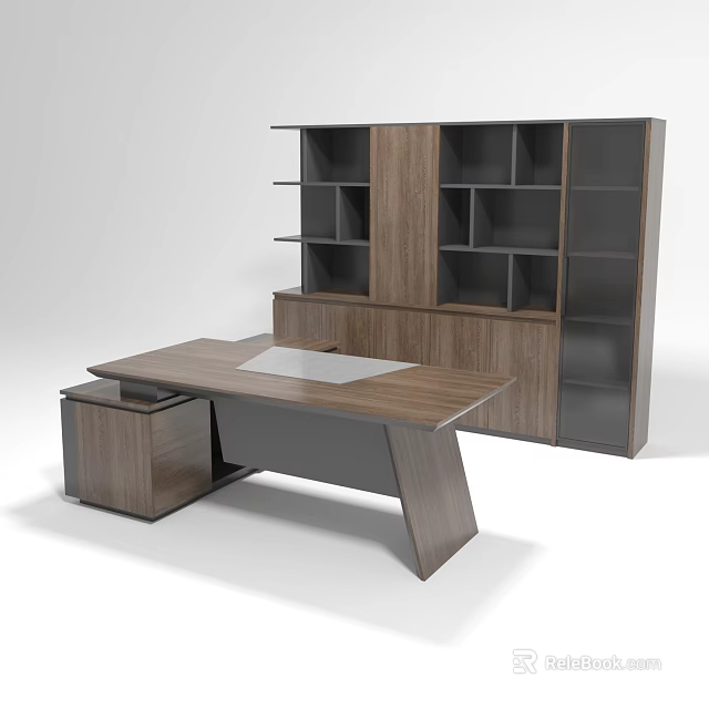 Wooden Office Desk with Matching Bookshelf and Waste Bin in Modern Minimalist Workspace Setup 3d model 