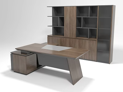 Wooden Office Desk with Matching Bookshelf and Waste Bin in Modern Minimalist Workspace Setup 3d model