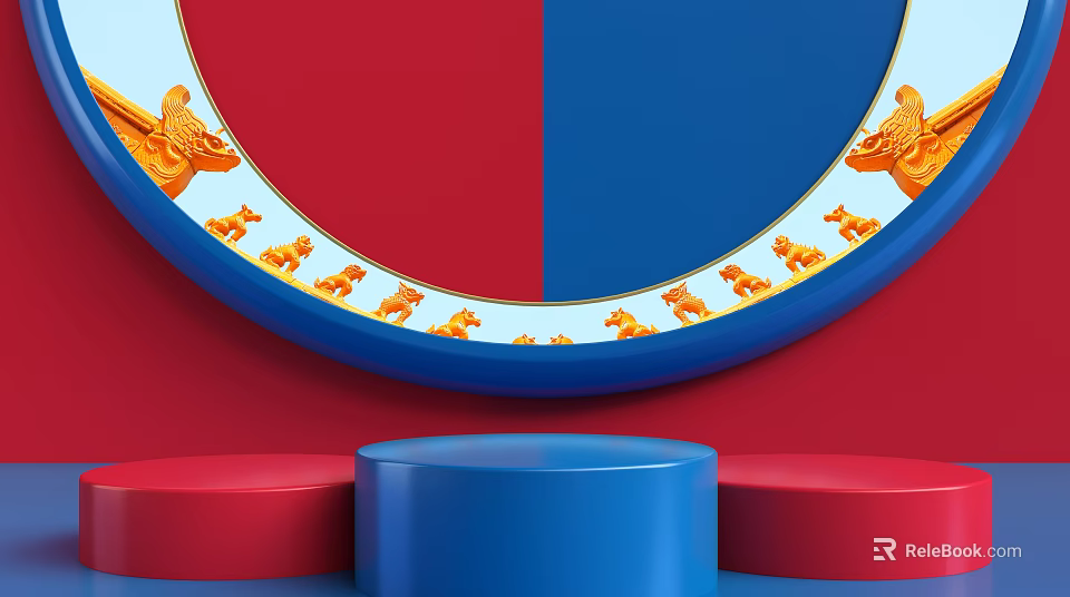 Circular Red And Blue Ornament With Golden Lion Figures On Cylindrical Platforms 3d model 