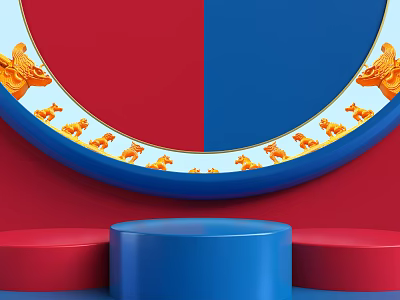 Circular Red And Blue Ornament With Golden Lion Figures On Cylindrical Platforms 3d model