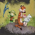 Cartoon Scene With Boy Holding Butterfly Net Tiger On Rock With Apple And Map