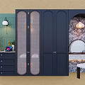 Dark Blue Wardrobe Interior Design With Grid Patterned Doors Dressing Table And Decorative Lamp