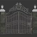 Wrought Iron Entrance Gate With Stone Pillars And Ornate Lamps On Top