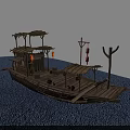 Traditional Wooden Boat with Bamboo Roof and Red Lanterns on Calm Water Surface