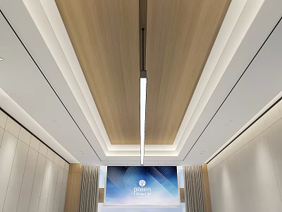 Modern Wooden Ceiling In Corridor With Linear Design Recessed Lights And Pendant Lamp 3d model