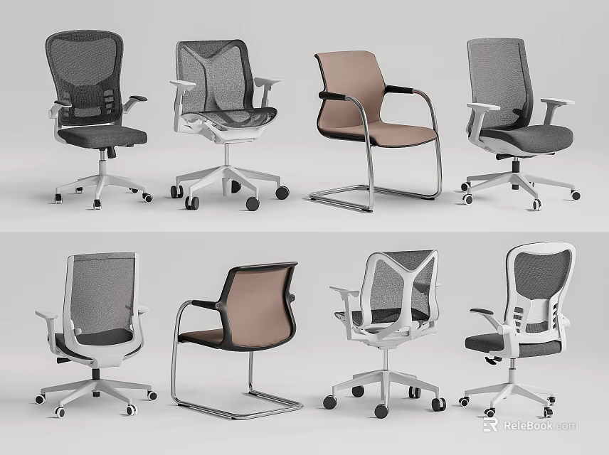 Various Office Chairs With Mesh Backrests Metal Frames And Different Colors 3d model