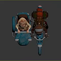 Vintage Blue Motorcycle With Two People Riding Wearing Helmets Hats And Luggage Bag