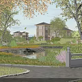 Detached Villa Surrounded by Lush Trees Serene Pond and Scenic Garden Pathway