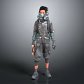 Futuristic Cyberpunk Character In Techwear Suit With Gas Mask And Mechanical Armored Details