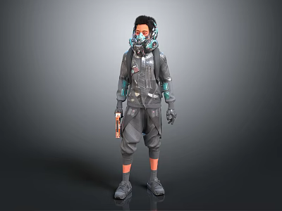Futuristic Cyberpunk Character In Techwear Suit With Gas Mask And Mechanical Armored Details 3d model