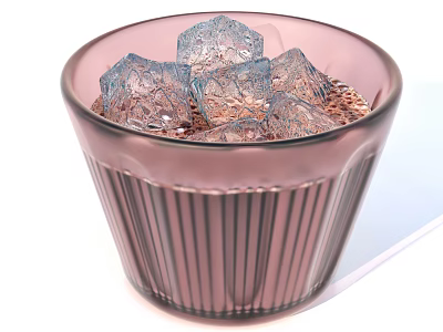 Pink Ribbed Glass Cup Filled With Clear Ice Cubes On White Background 3d model