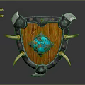 Ornate Wooden Shield With Blue Center Metal Frame And Horn Spikes