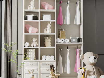 Organized Kids Wardrobe With Stuffed Rabbit Toys Pink Storage Bags And Hanging Dresses 3d model