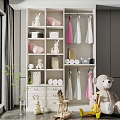 Organized Kids Wardrobe With Stuffed Rabbit Toys Pink Storage Bags And Hanging Dresses