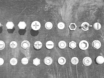 Different Types of Hardware Tools Including Screws Nuts and Fasteners on Metal Surface 3d model