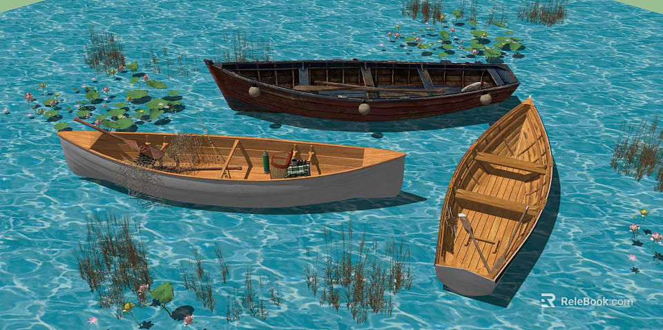 Wooden Boats Floating On Calm Water With Water Lilies And Reeds 3d model 