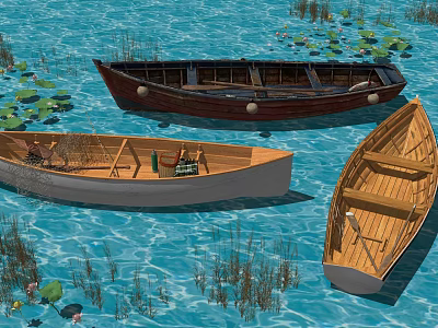 Wooden Boats Floating On Calm Water With Water Lilies And Reeds 3d model