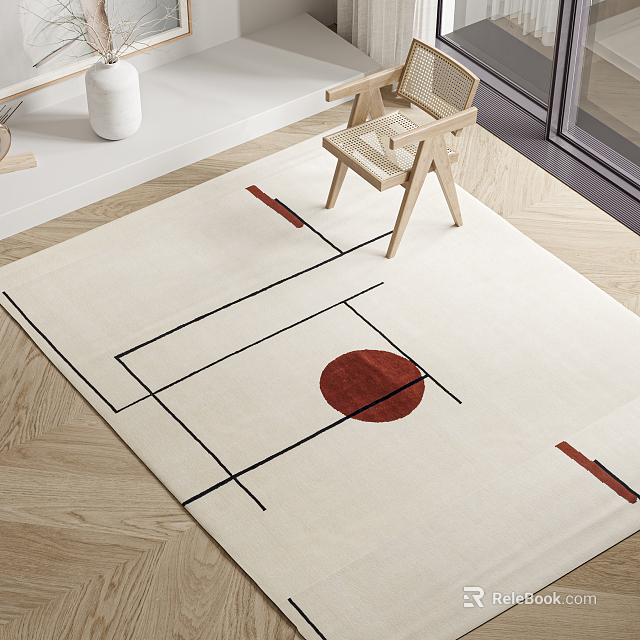 Square Rug With Beige Background Black Lines And Red Circular Pattern For Indoor Decor 3d model 